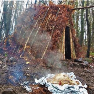 Solo Winter Camping: Underground Cooking, Christmas Turkey, Primitive Bushcraft Survival Shelter